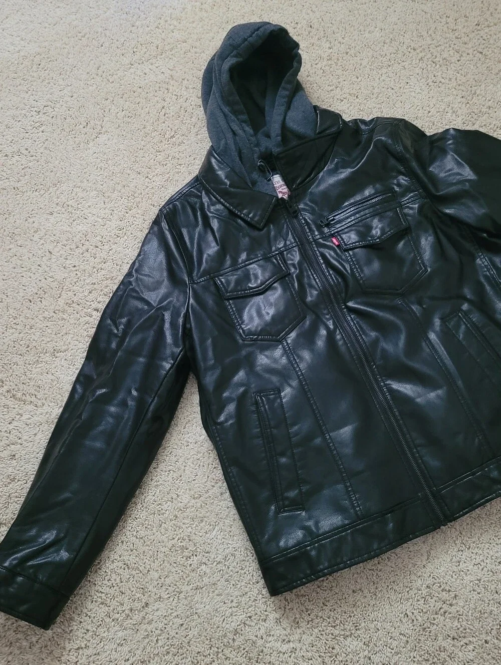 Levi Strauss Mens Black Faux Leather Moto Trucker Hoodie Layer Jacket  L